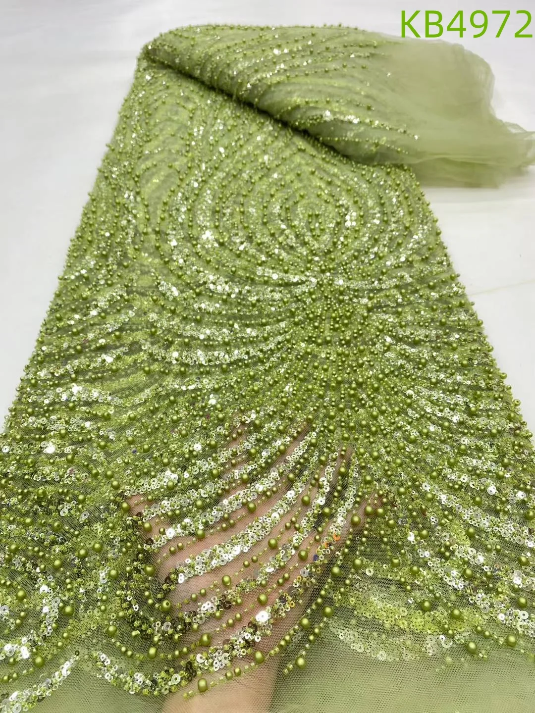 

Африканская ткань с белыми блестками, кружевная ткань высокого качества, 20225, ткань с вышивкой бисером, зеленые тюлевые кружевные ткани с блестками для шитья KB4972