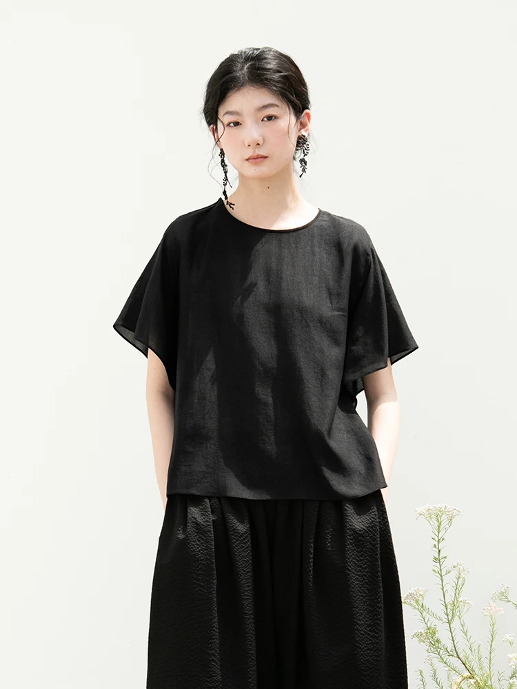 

New Le Collection Silk Double Gauze Xiangyun Mud Bla Summer Thin ort Sve Overhead irt Simple Design Cotton Silk Blend