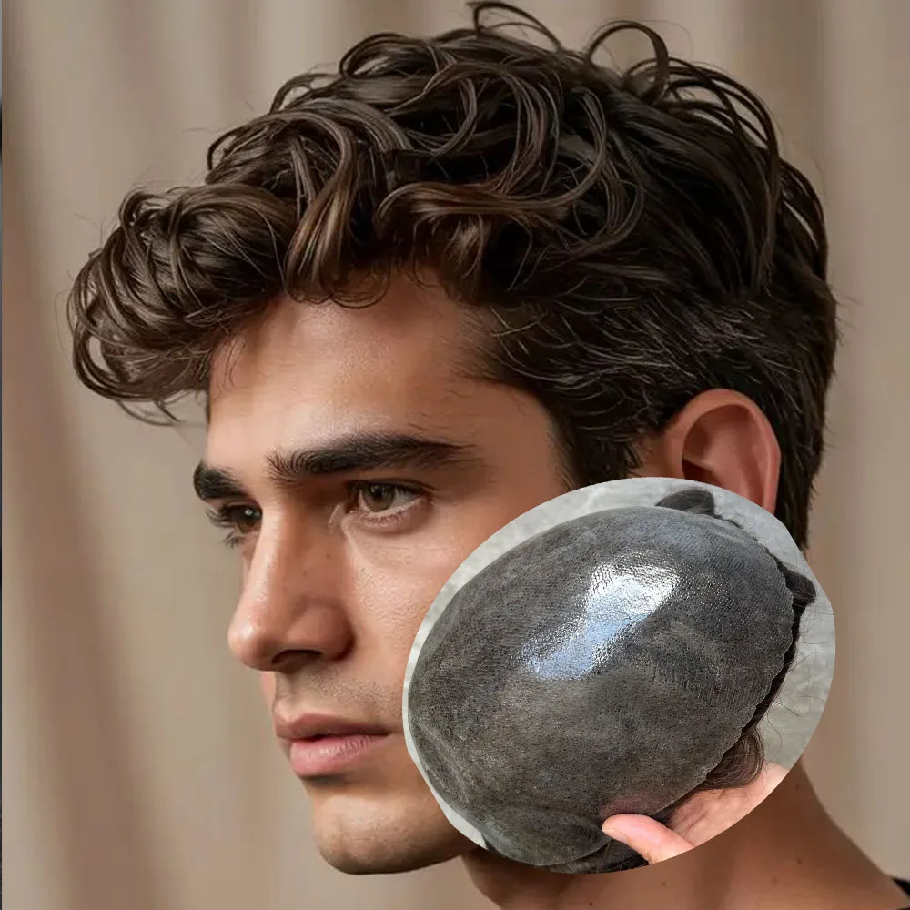 Black Brown Blonde Male 30mm Wavy Human Hair Thin Poly  Durable 0.1mm Injected PU Toupee Cheapest Men Hair Replacement Prosthesi