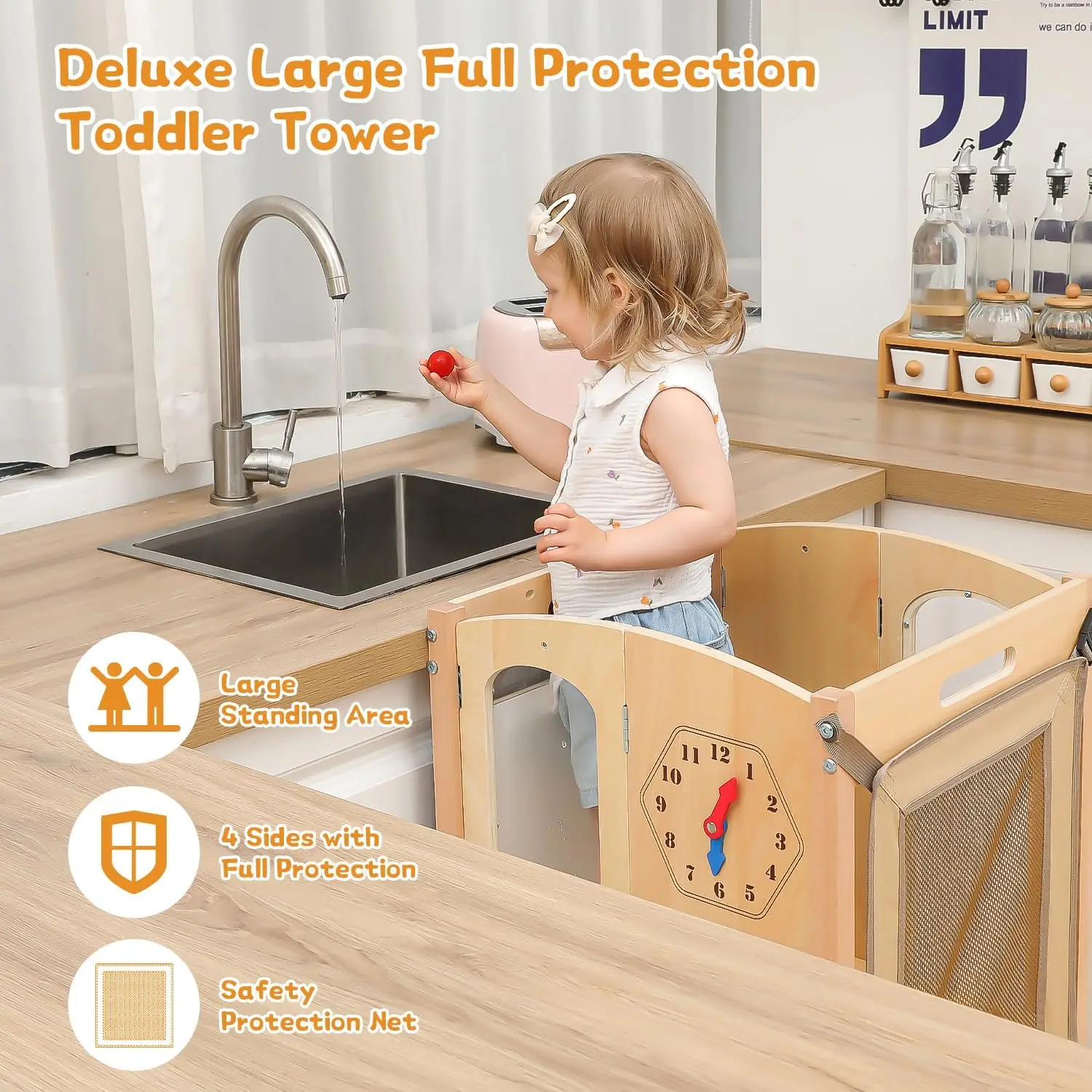 Tower, Foldable Toddler Kitchen Stool Helper with 2 Step Stool, Wooden Toddler Stool with Safety Net, Adjustable Height, Chalk-W