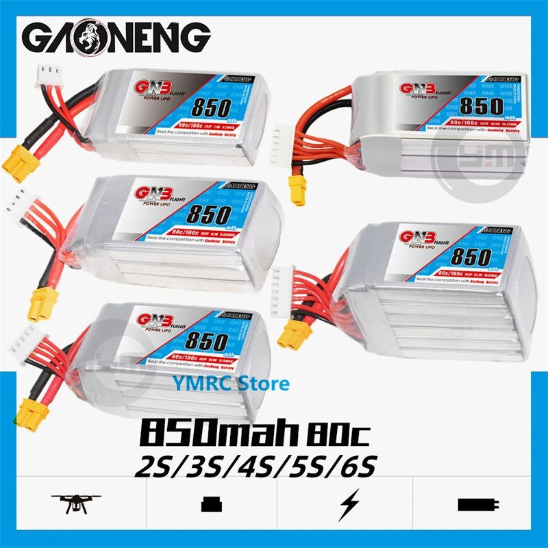 2 sztuki Gaoneng GNB 850mAh 80C 2S/3S/4S/5S/6S 7.4V/11.1V/14.8V/18.5V/22.2V bateria LiPo z XT30/XT60/wtyczka JST dla dronów FPV RC