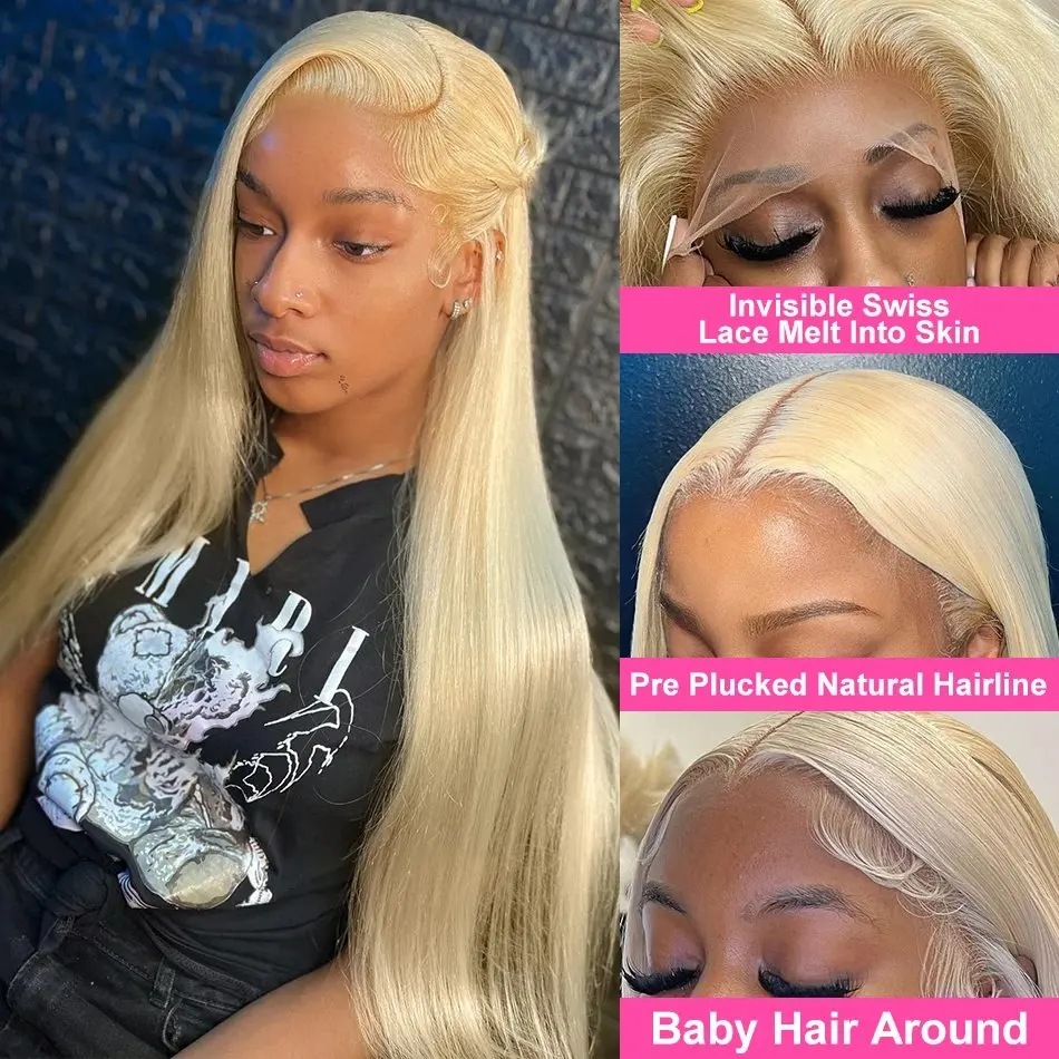 Blonde 613 13x6 HD Lace Forehead Wig 13x4 Glueless Human Hair Wig Straight Pre-Bleached Brazilian 28 Inch 150 Density