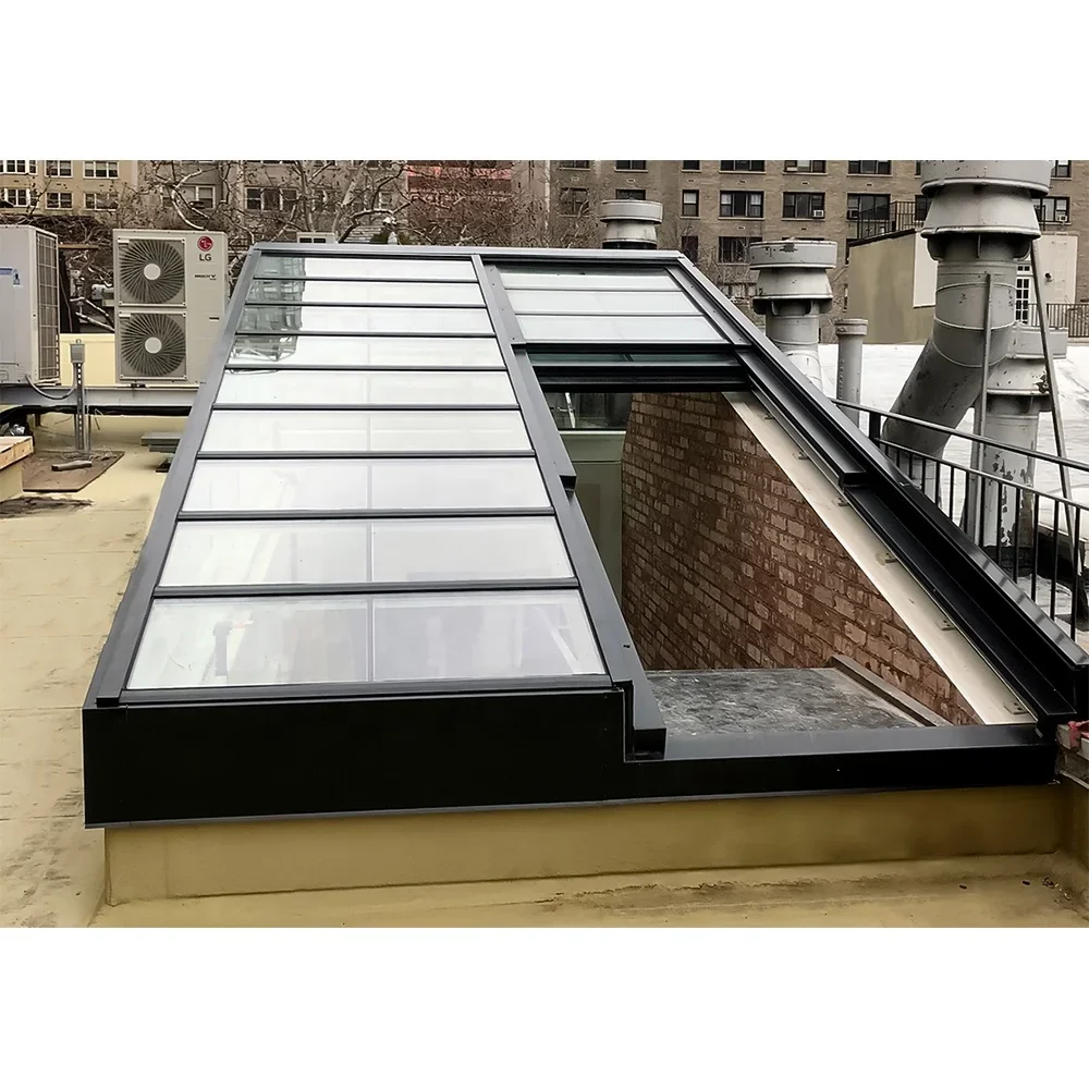 Best selling automatic retractable glass roof system flat roof staircase exit sliding  moving glass skylight roof