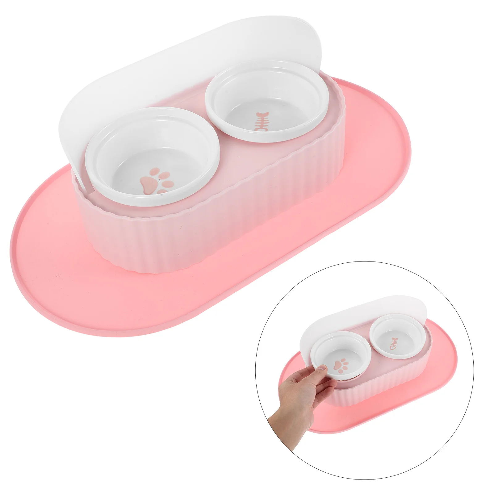 

1 Set Ceramic Cat Bowl Set Elevated Double Bowls 350Ml Nonslip Stand Waterproof Mat Pet Feeder for Kitten Puppy Food Water