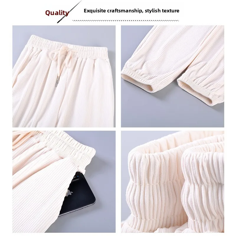 Pantalones de chándal informales finos de verano con puños sueltos de seda de hielo, pantalones farol de pierna ancha para mujer, pantalones Harlan de poliéster y LICRA de cintura alta