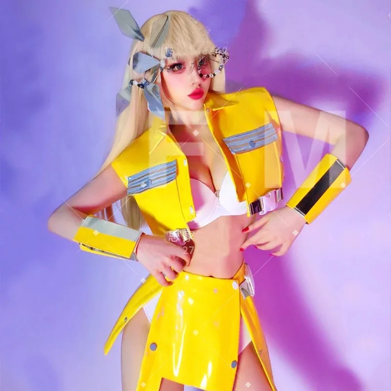 Bar Discoteca Ds Dj Party Festival Outfit Sexy Gogo Dancer Costumi in pelle gialla Pole Dance Abbigliamento Stage Rave Wear XS8329