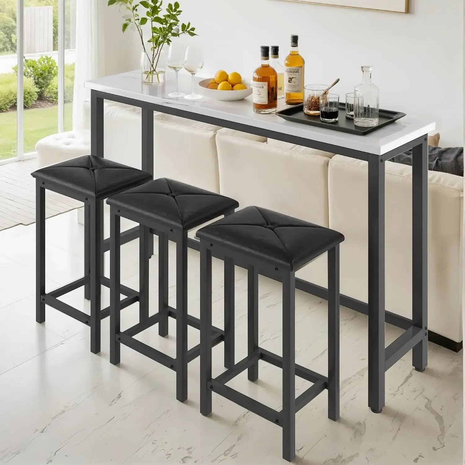 Bar Table Set with 3 Stools,Counter Height Long Bar Table,Strong Metal Frame,Upholstered Stools,Easy Assembly,Modern Style,Suita