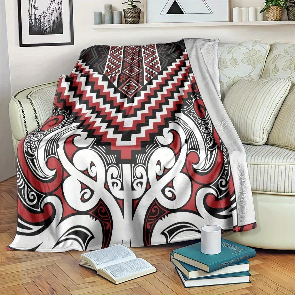 Custom One Maori Tukana Patterned Blanket In Red, Featuring A Putama Mixed Kōhua Style Design. This Flannel Blanket Is Aesthetic