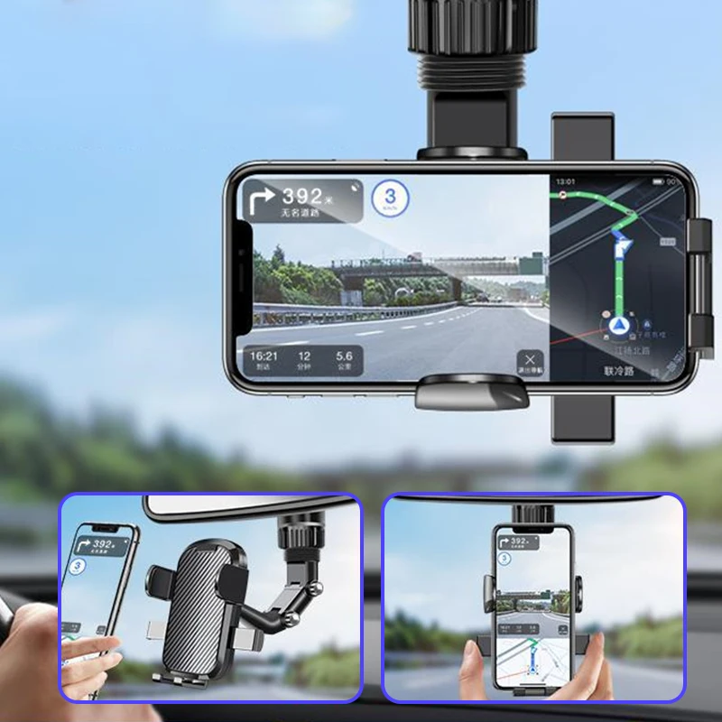 Rearview Mirror Phone Holder 360° Rotatable and Retractable Car Phone Mount Multifunctional Rear View Mirror Holder for All Car