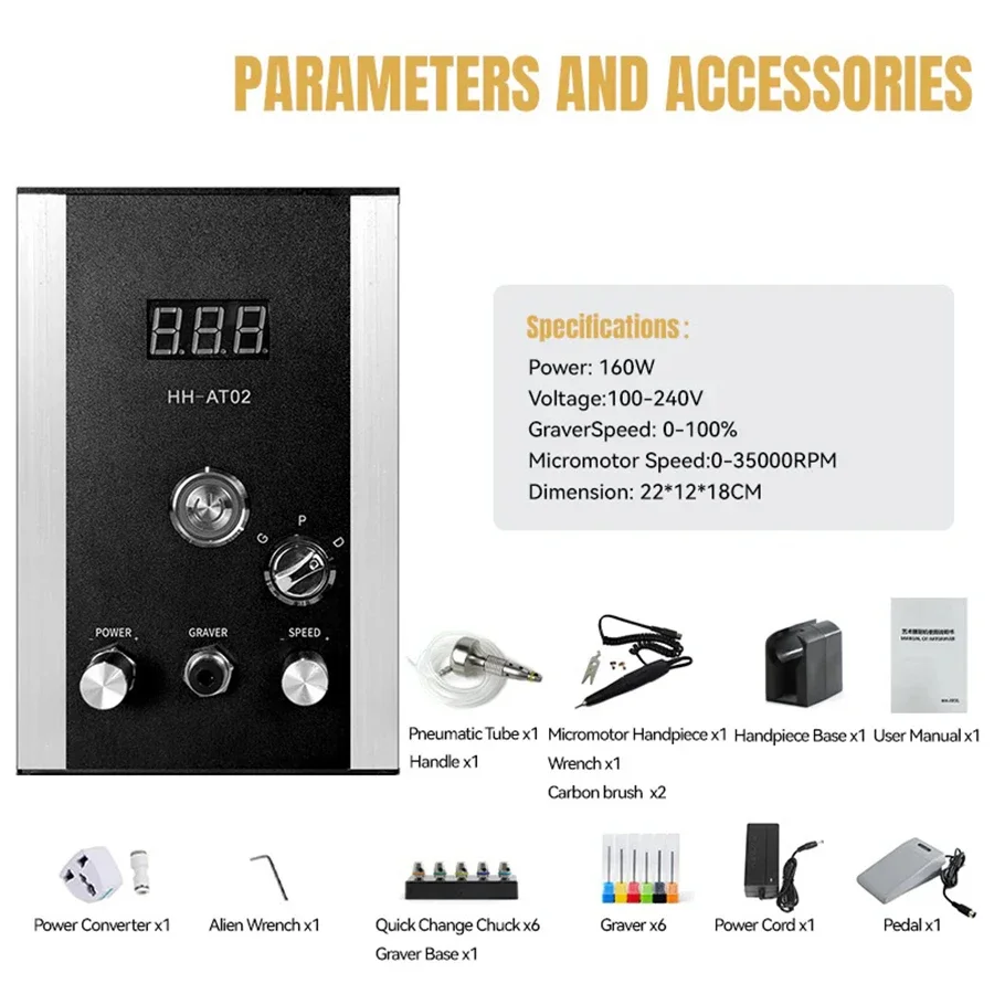 AT02 Jewelry Pneumatic Engraving Machine Graver Handle Gr Stainless Dual Carvers With Micromotor Handpiece