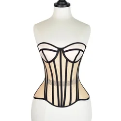 Women Corset Busiter With Cup Lace Up Steel Boned Transparent Mesh Corsets Top Push Up Bodice Shaper Wedding Party