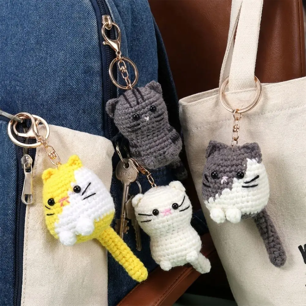 Cartoon Crochet Cat Keychain Handmade Multi-color Handwoven Cat Pendant with Metal Clasp Soft Yarn Kitten Keychain