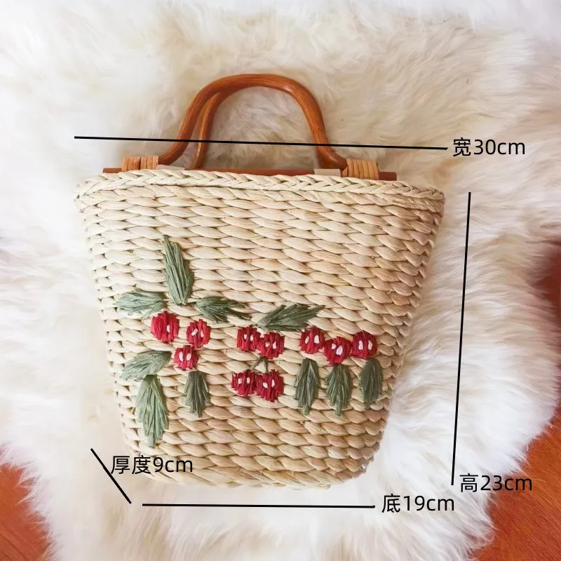 Women Tote Bucket Straw Bag Vintage Embroidered Cornhusk Woven Beach Bag Women\'s Handbags