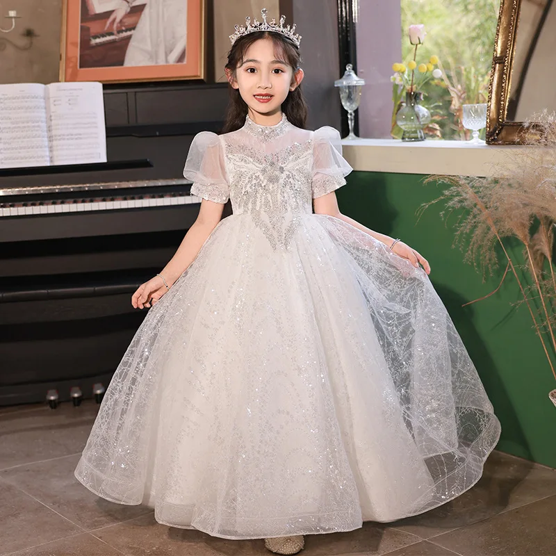 

Child Teen Girl Evening Dresses Long Luxury White Lace Sequin Birthday Party Shiny Gown Formal Kids Bridesmaid Wedding Costume