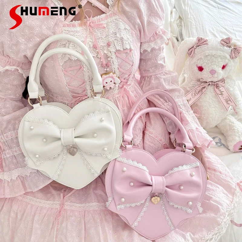 

Girl's Princess Pink Sweet Lolita Handbag 2025 New Women's Fashion Versatile Heart Shape Big Bow Crossbody Bags Shoulder Bag