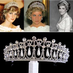 Vintage Silver Color Queen Princess Diana Crown Crystal Pearl Diadem For Bridal Hair Accessories Bride Tiara Party Prom Headband