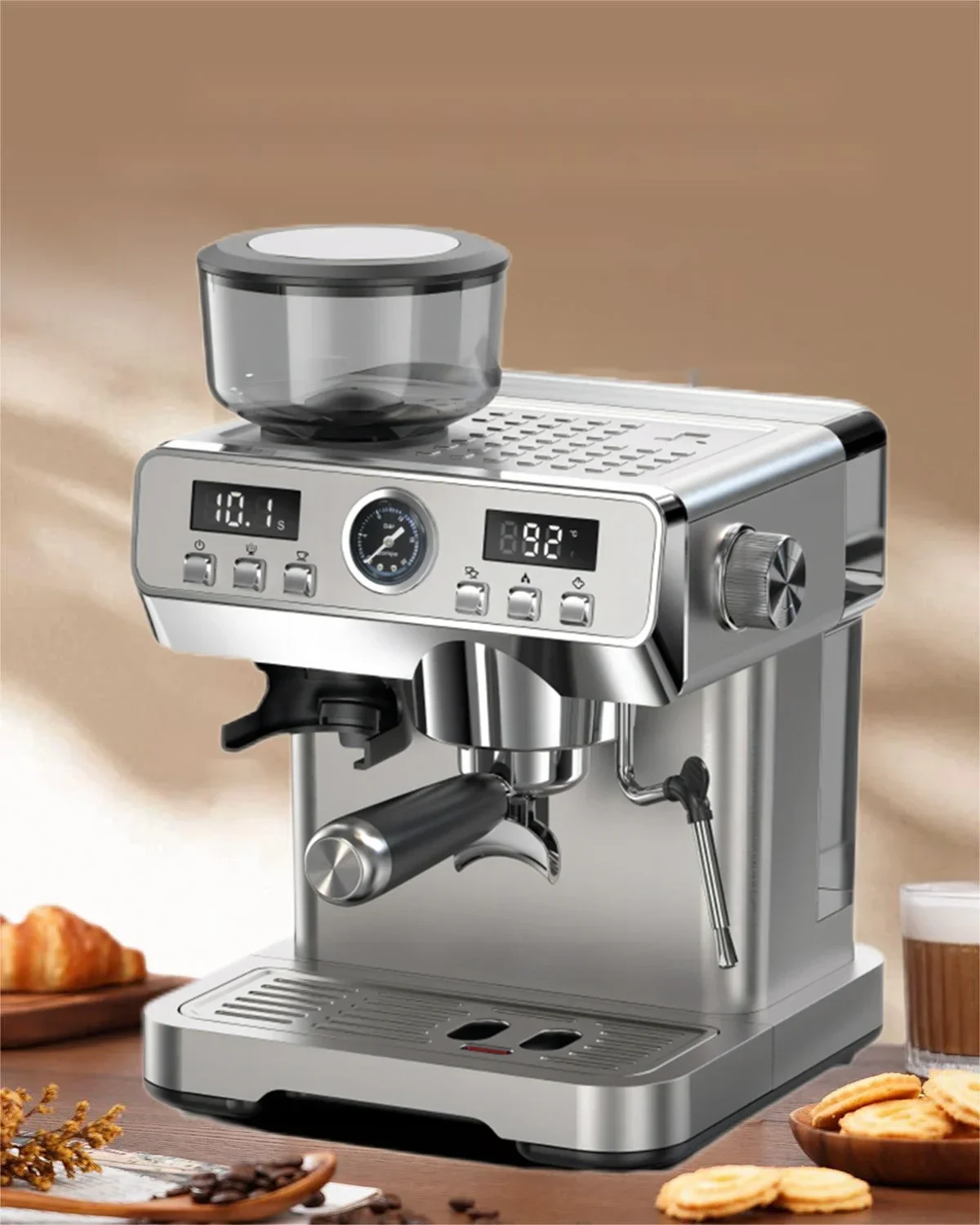 Professional 20-Bar Pressure Pump Stainless Steel Semi Automatic Espresso Coffee Machine with Pressure Gauge and Display