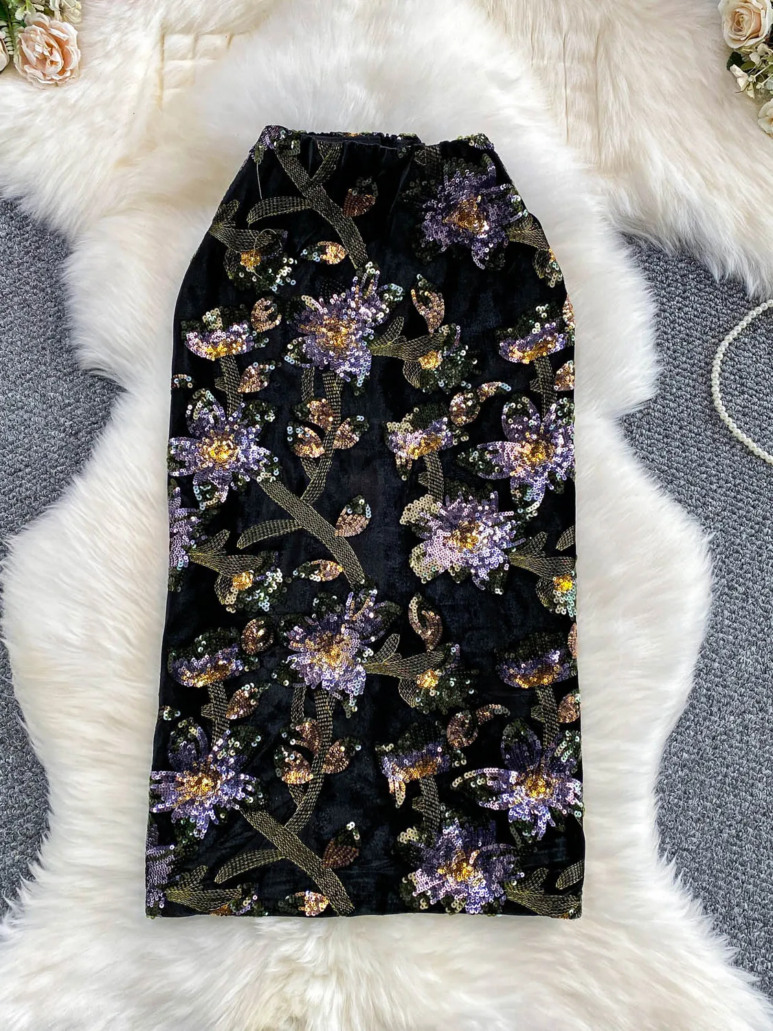 

Ele Embroidered Heavy Work Velvet Midi Skirt Women's Winter Faion Slimming High Waist A-Line Skirt Korean Sle Commute