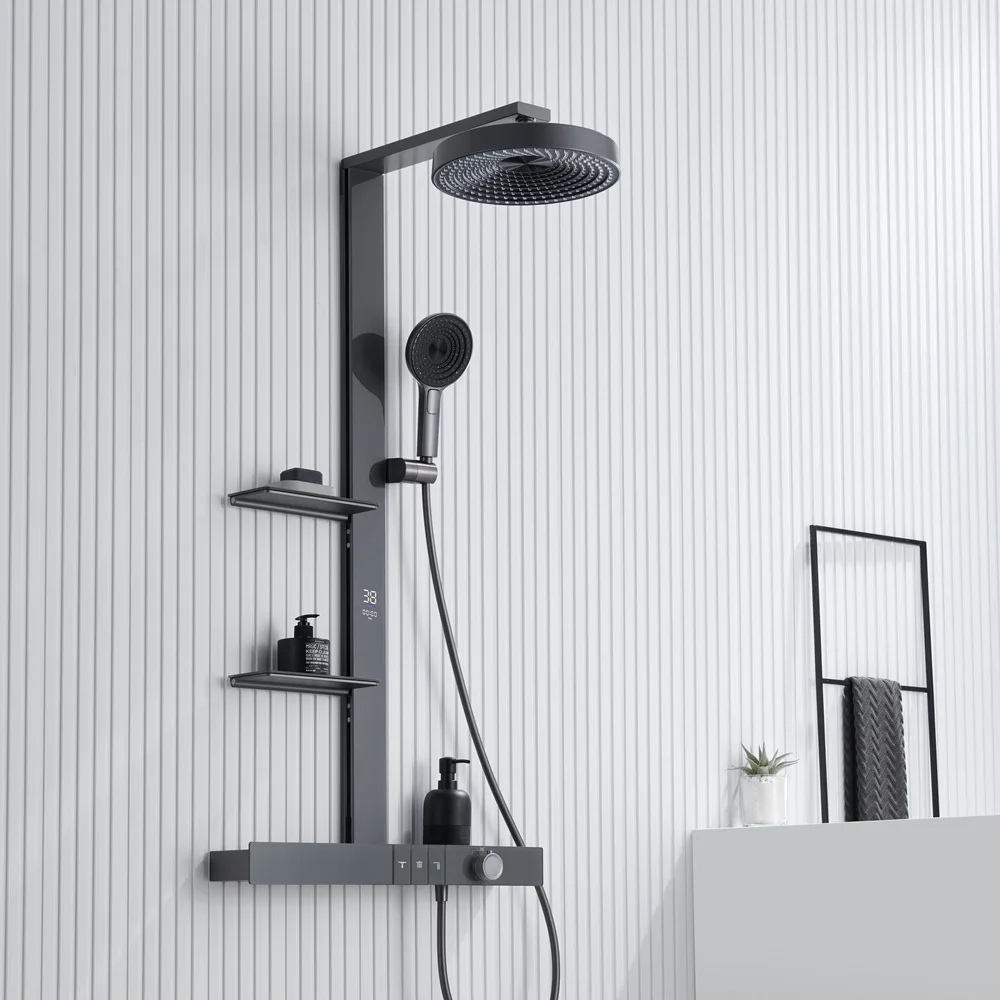 

Высококачественный душевой набор с цифровым дисплеем, зеркальным покрытием, функцией поддержания постоянной температуры, большим объемом для хранения, изысканный медный корпус, три функции.