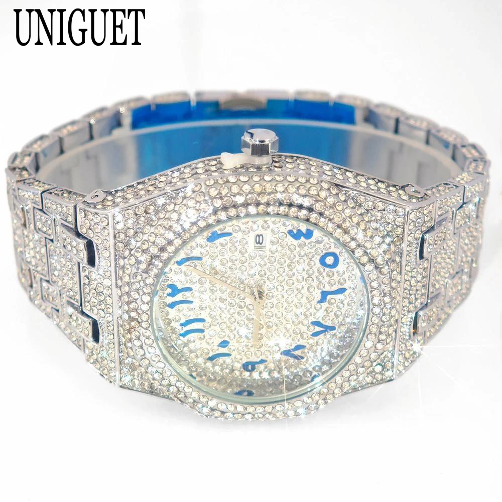Nova marca de moda número árabe relógio quartzo para homens luxo totalmente diamante bling prata à prova dwaterproof água iced out relógios masculino quente