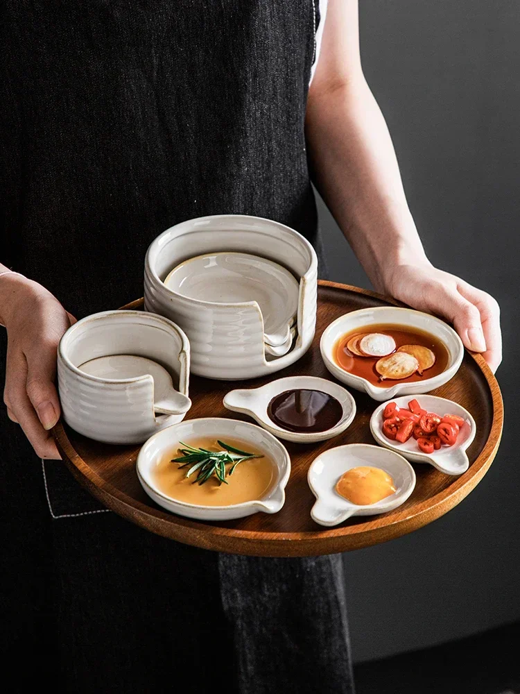 4Pc Soy Sauce Dish Ceramic Creative Dipping Dish Vinegar Dish Japanese-style Round Belt Handle Household Dishes Set