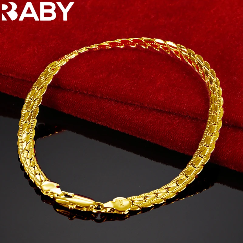 

URBABY 24K Gold 6mm Side Flat Side Chain Bracelet For Women Man Fashion Jewelry Charms Accessories Wedding Gift