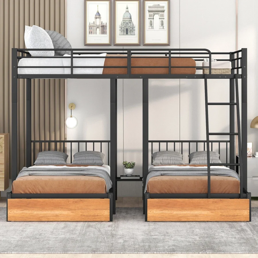 Full Over Twin & Twin Bunk Bed, Metal Triple Bunk Bed with Drawers and Guardrails