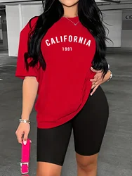 California Print Casual Two Piece Set, Drop Shoulder Short Sleeve T-shirt & Short Leggings Outfits, Women's Clothing