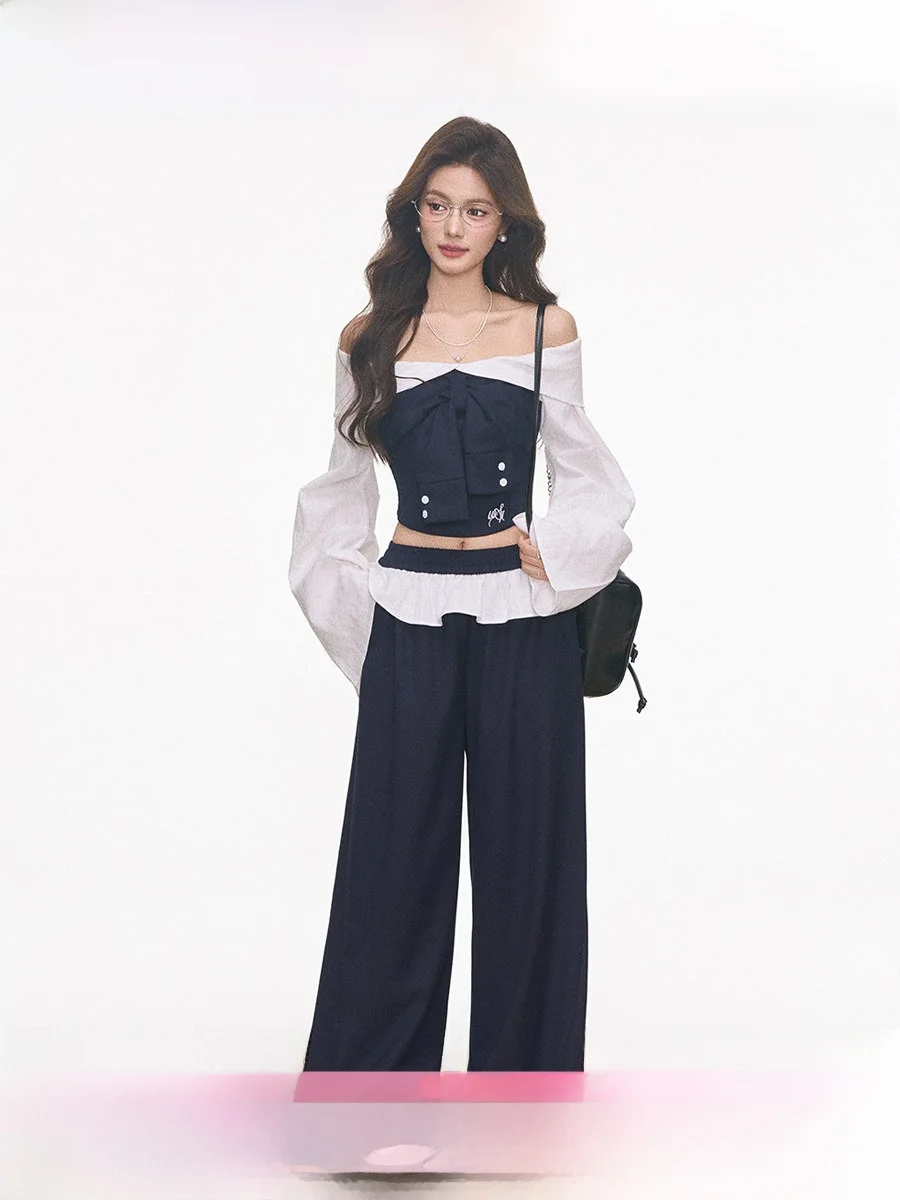 

Westayone Women's Long Sve One oulder Top And Wide Leg Pants Set Spliced Casual Faion Spring Summer Autumn Wear