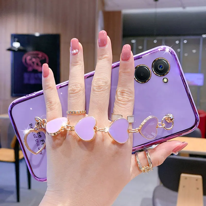 Wrist Bracelet Phone Case For Realme 10 Case Luxury Heart Chain Plating Cover Realme 10 4G C33 9i C30 Realme10 Case Silicone