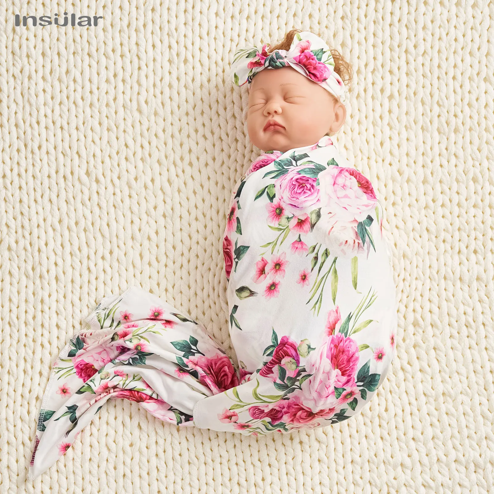 Insular 3pc Neugeborenen bedruckten Schal fetale Kappe Haarband Baby bedruckten Schal Baby Wickelt uch Set Baby Wickel Wickel decke