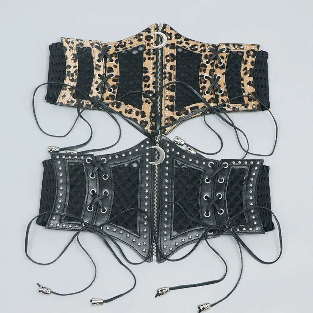 Ciondolo con cerniera lunare Cintura con stampa leopardata Cintura con corsetto cavo in pelle PU Cintura a vita alta Cintura larga