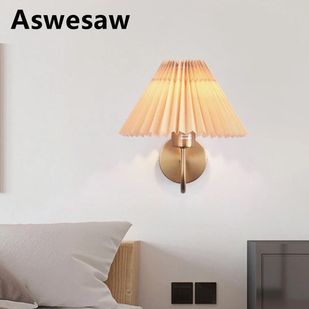 

Aswesaw Nordic Table Lamp Bedroom Bedside Dining Dressing Drawing Lampe Pleated Creative Desk Light Retro Iron artLamps