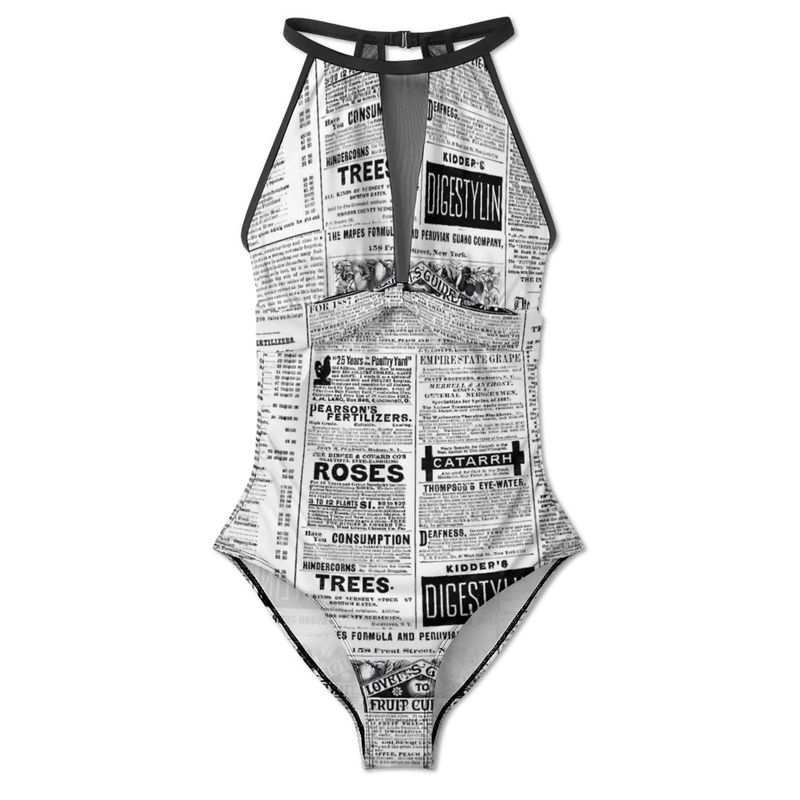 Old Newspaper Swimsuit Sexy Retro Letter Print Lady Swimwear One Piece Aesthetic Swimsuits Sport Push Up High Cut Bathing Suits