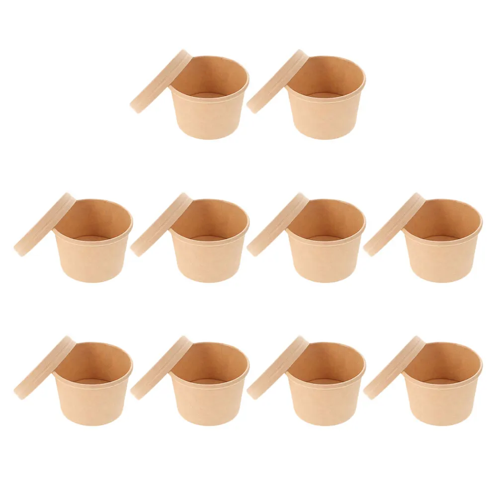 10 Sets Ice Cream Cups Paper for Dessert with Spoons Thicken Canteen Lids Container
