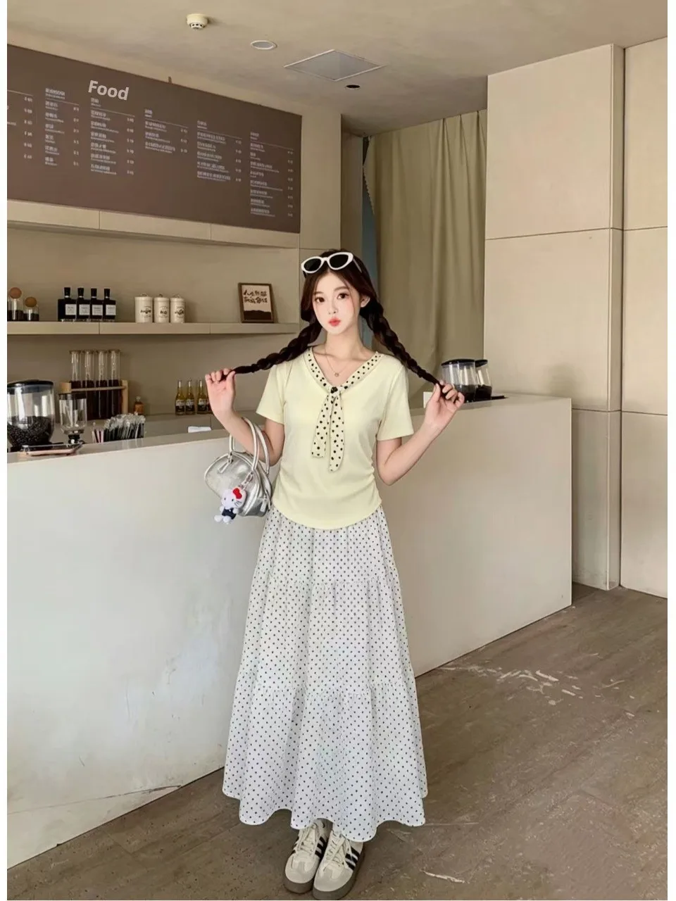 

plus Size Casual Outfit Summer New Design Bow Tie Short Sleeve Top Polka Dot Half Skirt Korean Style Loose Fit High Waist A-L...
