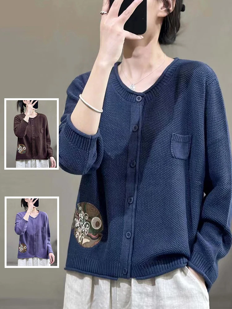 

Вязаный открытый кардиган с вышивкой в стиле ретро, топ больших размеров, женский модный круглый универсальный повседневный свитер Jaet