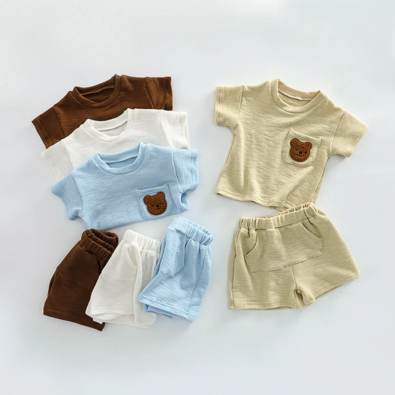 

New 2PS children's clothing summer boys and girls baby suit summer two-piece simple bear top+shorts plain casual