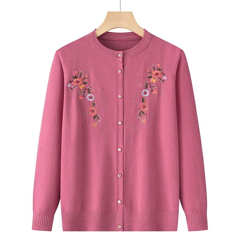 Middle-aged And Elderly Women\'s Embroidery Knit Cardigan Jacket Single-breasted Slim Sweater Coat Thin Spring Grandma Clothing