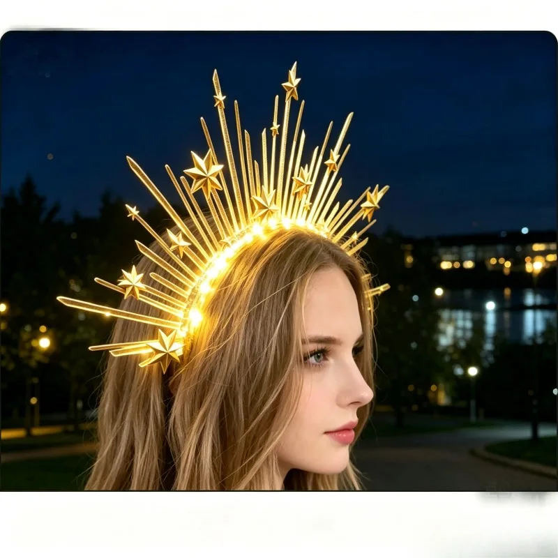 

LED Light Up Starburst Halo Headband, Glowing Star Accent Celestial Hair Hoop,Goddess Headpiece for Cosplay Maternity Photoshoot