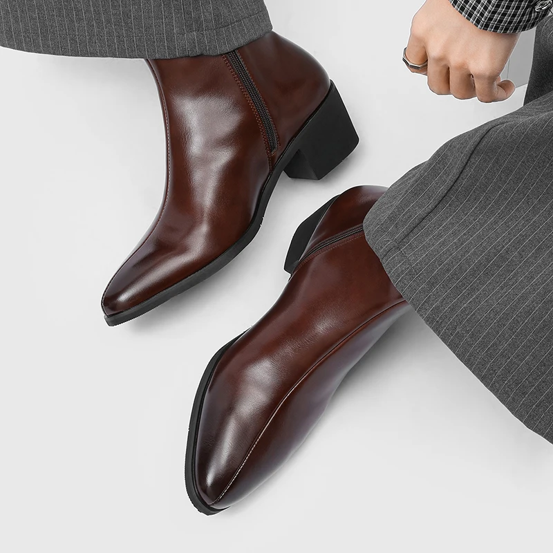 Men Simple and Fashionable High Heels Pointed Side Zipper Anti Slip Breathable Business Leisure Commuting Boots - view 2