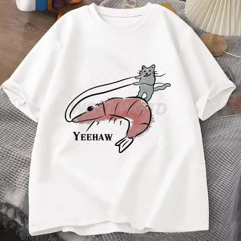 Funny T-shirt Cat Riding Shrimp Yeehaw Graphic T-shirts Men Women Funny Animal Print Casual Tops Cat Lover Gift Adult Clothes
