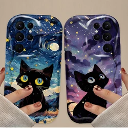 Starry Sky Black Cat Case For Samsung Galaxy S24 Ultra S23 S22 Plus S21 S20 FE A25 A55 A35 A15 A16 A05 A05S A06 Silicone Cover