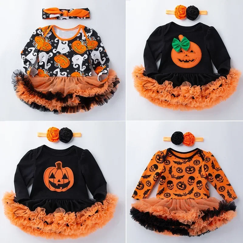 Baby Girls Romper Halloween Dress Pumpkin Witch Dress 1st One Year Tutu Dress Newborn 6 9 12 Months Kids Costume  Clothes