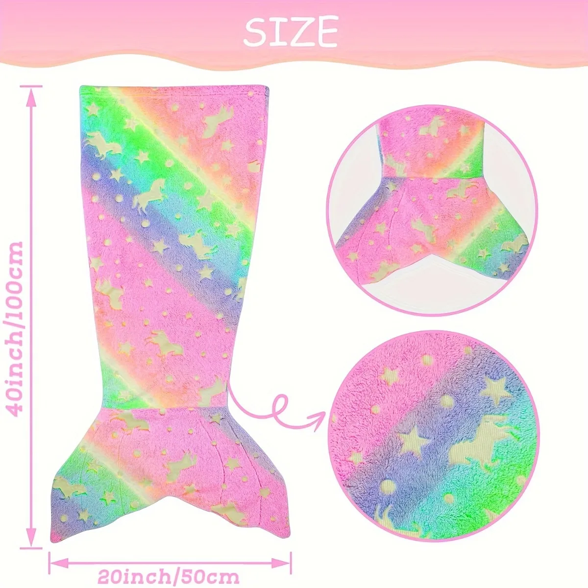 Cartoon Rainbow Unicorn Mermaid Tail Blanket Super Soft Glow in The Dark Flannel Mermaid Tail Blanket Gifts for Girls