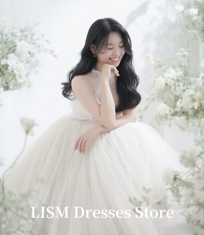 Gaun Pengantin Korea Model A-Line Sederhana dengan Kerah O dari LISM, Gaun Pengantin Panjang Elegan dari Bahan Organza Sutra untuk Pemotretan, 웨딩드레스 Korset yang Dapat Disesuaikan