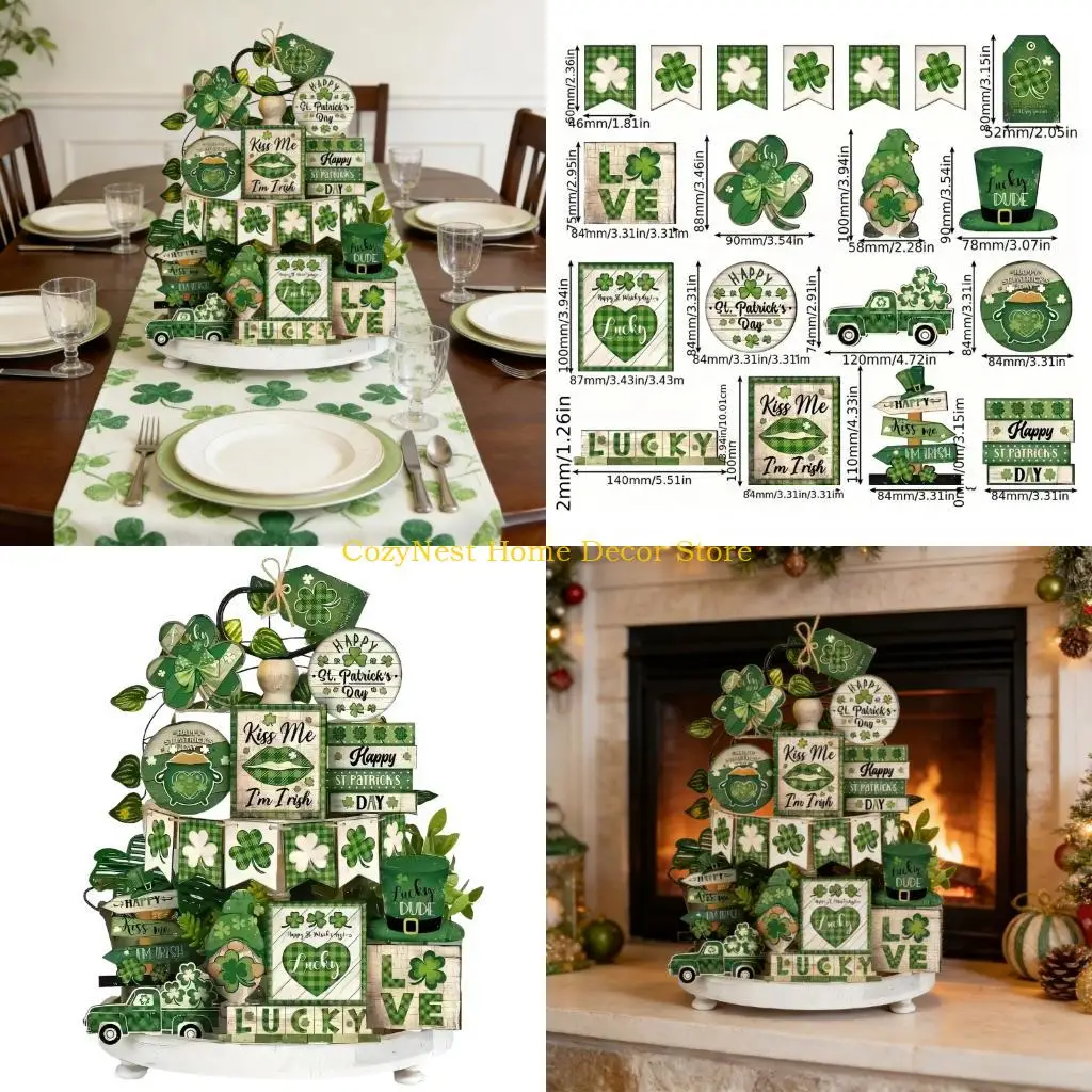 

92MF Набор из 19 удобных деревянных декораций для вечеринок ко Дню Патрика с дизайном «Счастливый клевер», долговечный и простой