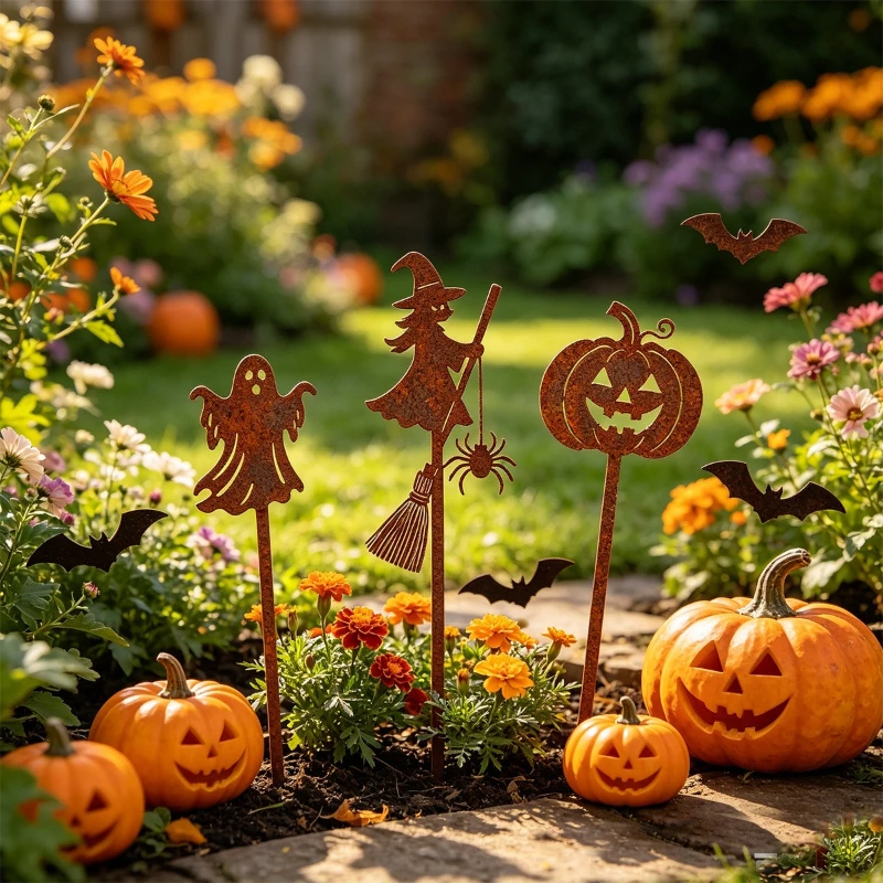 Halloween Pumpkin Garden Stakes 3 Pack, Rusty Metal Ground Stakes Outdoor Decor, Vintage Fall Yard Decoration