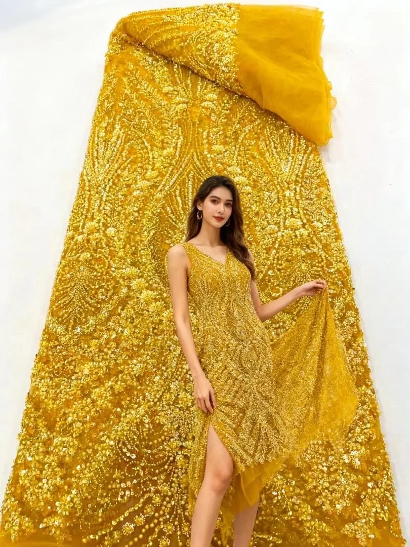 

Роскошная африканская нигерийская кружевная ткань с блестками и бисером, 2024, высококачественная французская кружевная ткань с золотой сеткой для шитья вечерних свадебных платьев