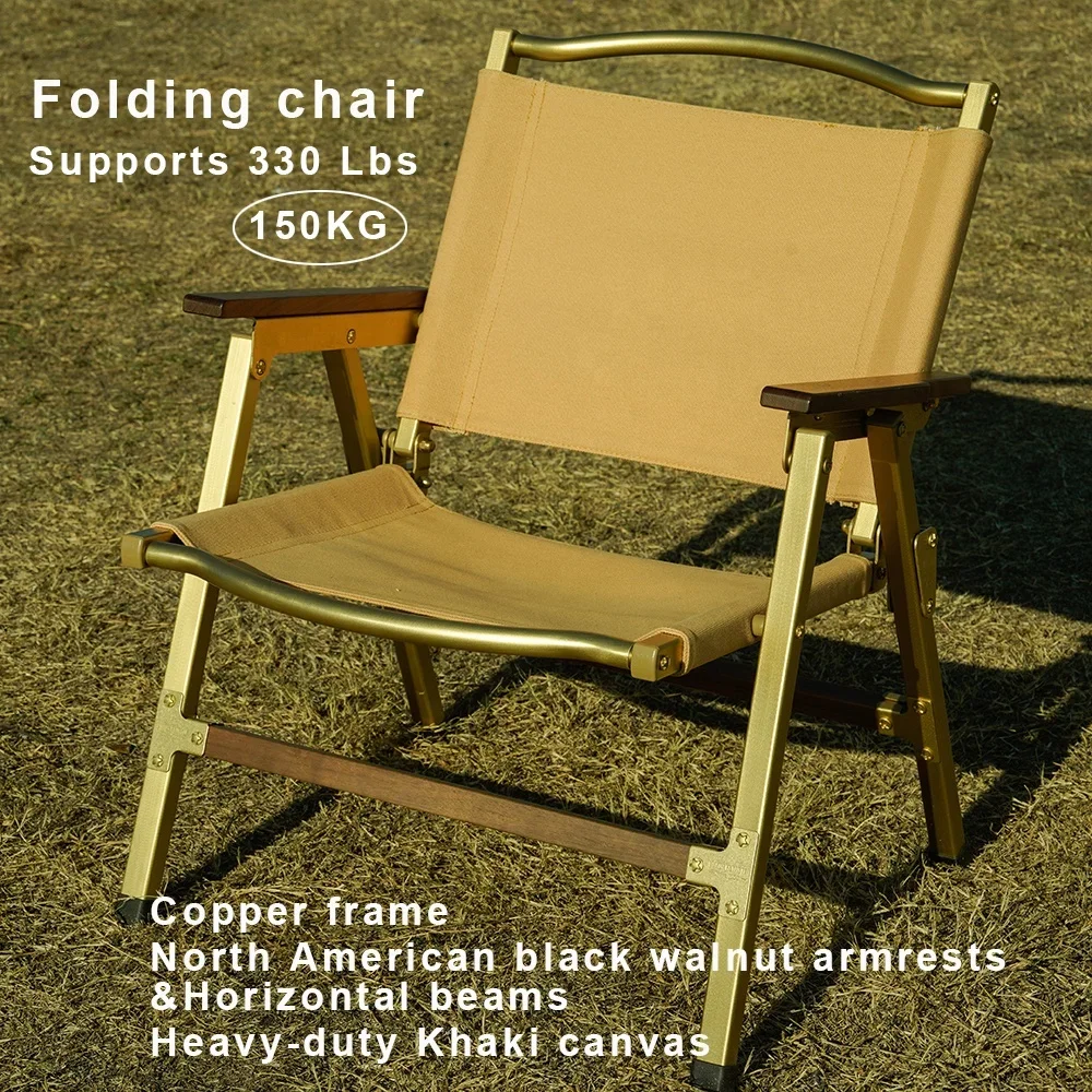 

Outdoors Copper Frame North American black walnut Armrests with Heavy-Duty Khaki Canvas Camping lovers Folding chair